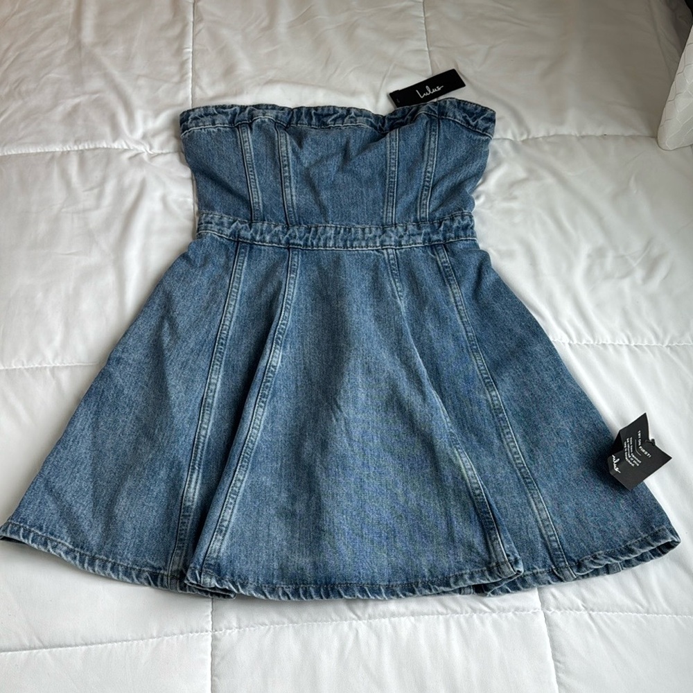 NWT Lulus Cutesy Charm Light Wash Denim Strapless Mini Dress With Pocket… - Picture 2 of 6